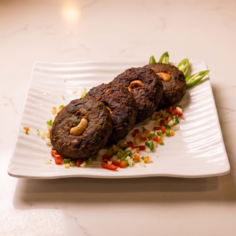 Four dark brown patties, each topped with a cashew, served on a white plate with diced vegetables.
