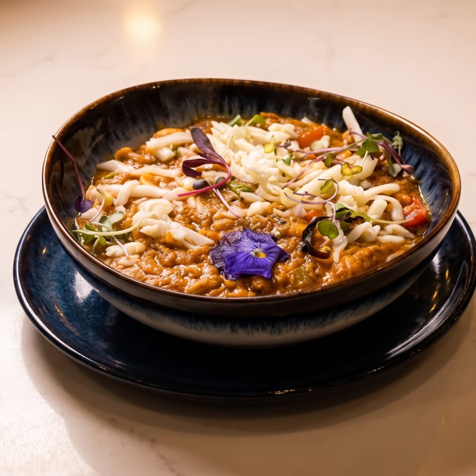 A bowl of curry topped with shredded cheese, microgreens, and a purple edible flower.