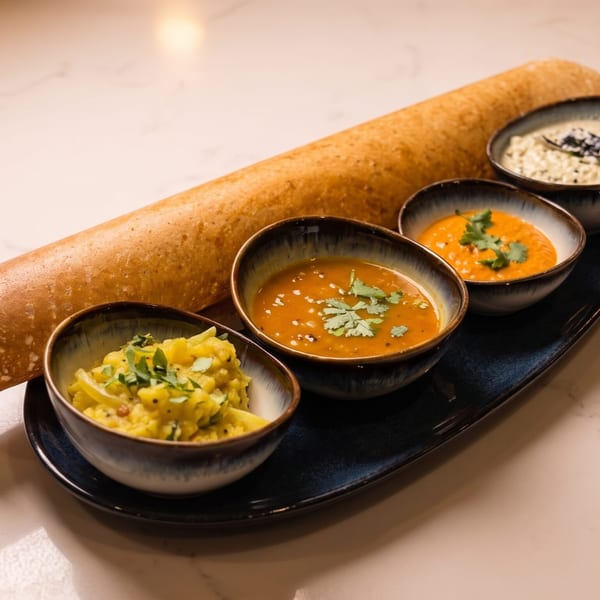 A golden-brown dosa with four small bowls of colorful chutneys and sambar on a dark tray.