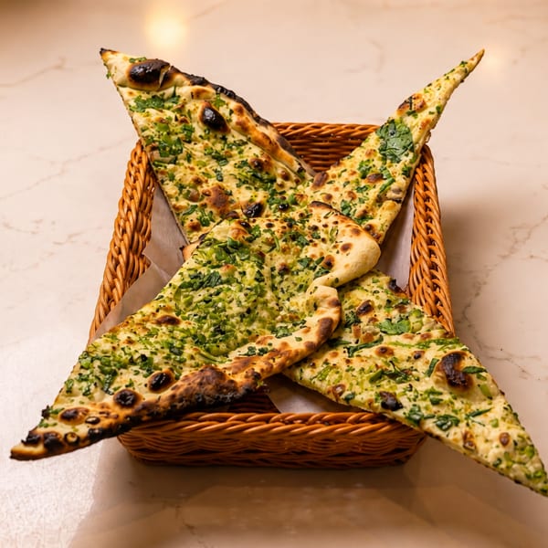 Garlic naan bread, cut into triangles and garnished with herbs, in a woven basket.