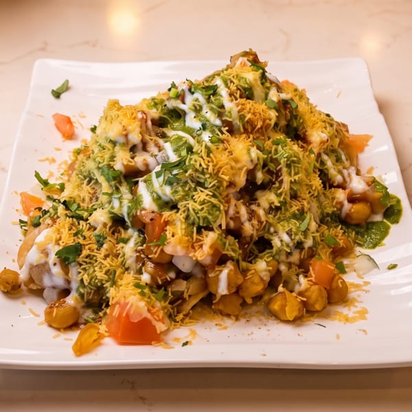 A colorful plate of Indian chaat, topped with sauces, cilantro, and crispy sev.
