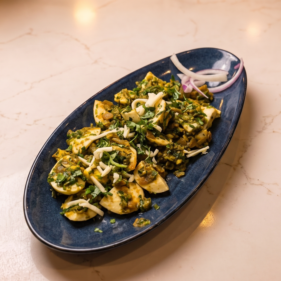 A blue oval plate filled with deviled eggs topped with green relish, shredded cheese, and red onion.