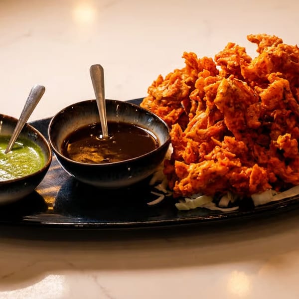 Crispy fried pakoras with two dipping sauces, one green and one dark brown, on a black plate.