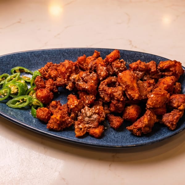Crispy fried chicken pieces with sliced green chilies on a blue oval plate.