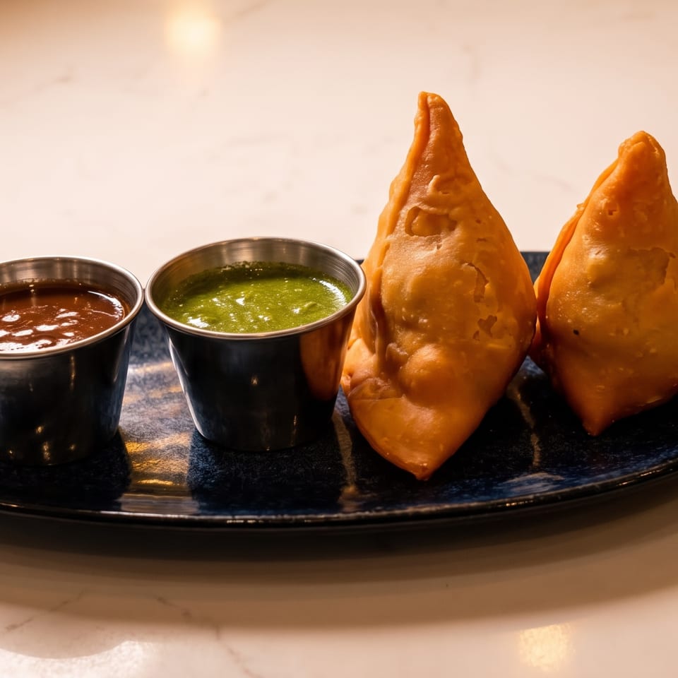 Two golden-brown samosas and two dipping sauces in steel cups on a dark blue plate.