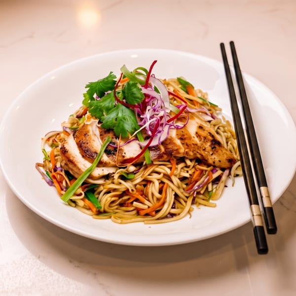 Grilled chicken and noodles with colorful vegetables and cilantro on a white plate with chopsticks.