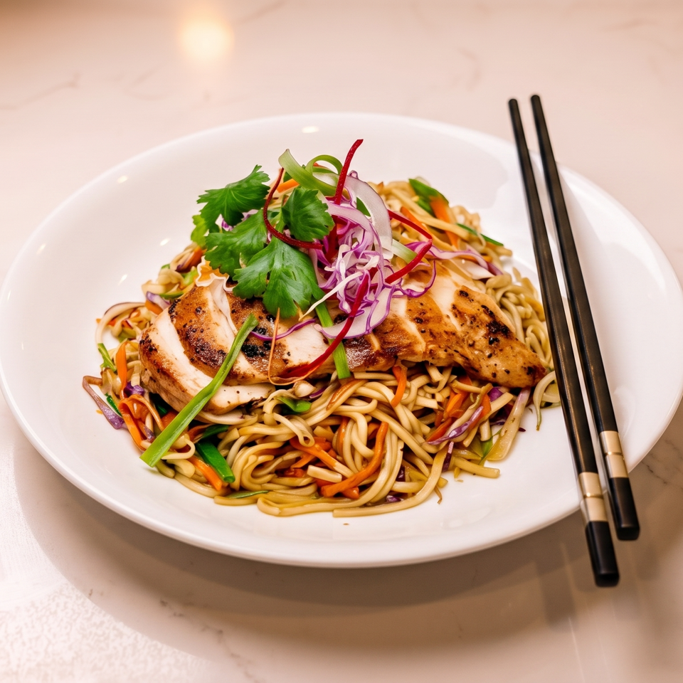 Grilled chicken and noodles with colorful vegetables and cilantro on a white plate with chopsticks.