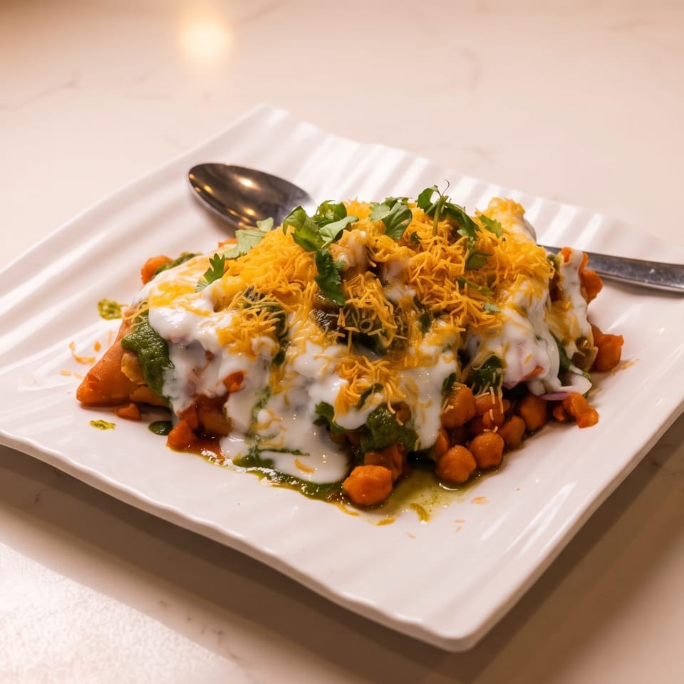 Samosa chaat with yogurt, green chutney, chickpeas, and crispy sev on a white plate.