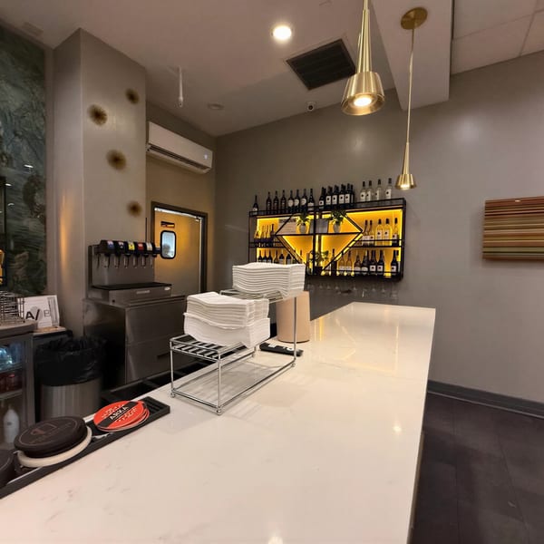 A modern bar area with a white countertop, liquor bottles on shelves, and gold pendant lights.