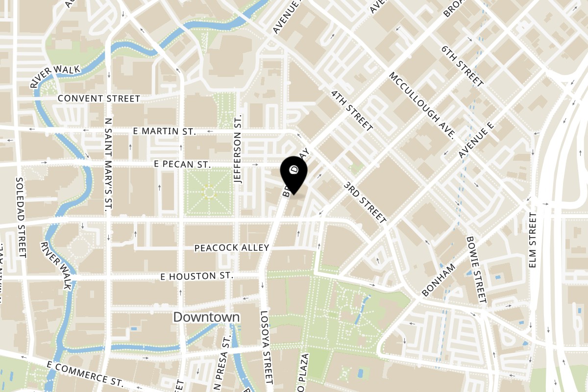 Map showing the location of Delicious Indian Cuisine & Bar on 218 Broadway in San Antonio